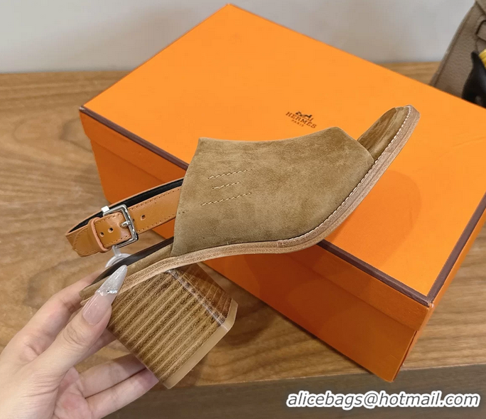 Buy Cheapest Hermes Mailys High Heeled Slingback Mule Sandals Brown Suede Leather 6060302