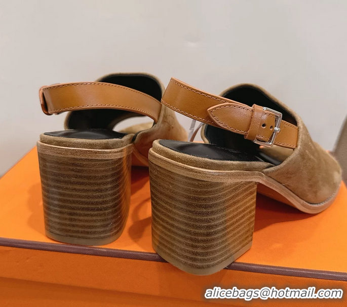 Buy Cheapest Hermes Mailys High Heeled Slingback Mule Sandals Brown Suede Leather 6060302