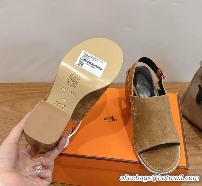 Buy Cheapest Hermes Mailys High Heeled Slingback Mule Sandals Brown Suede Leather 6060302