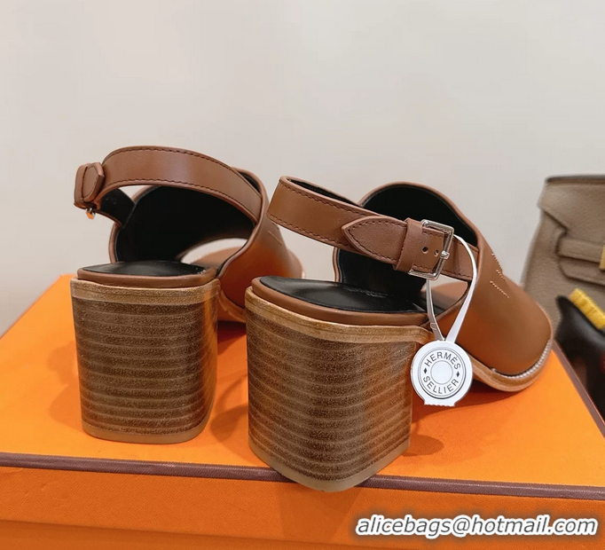 Lowest Cost Hermes Mailys High Heeled Slingback Mule Sandals Brown Calfskin Leather 6060302