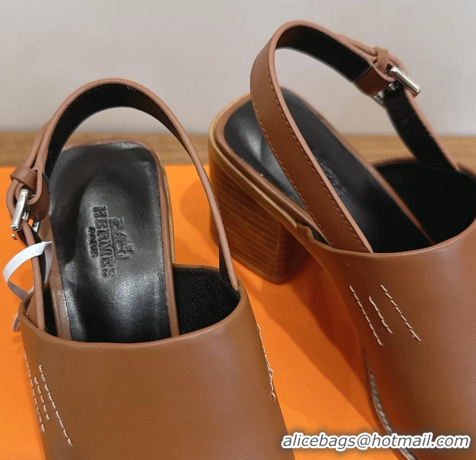 Lowest Cost Hermes Mailys High Heeled Slingback Mule Sandals Brown Calfskin Leather 6060302