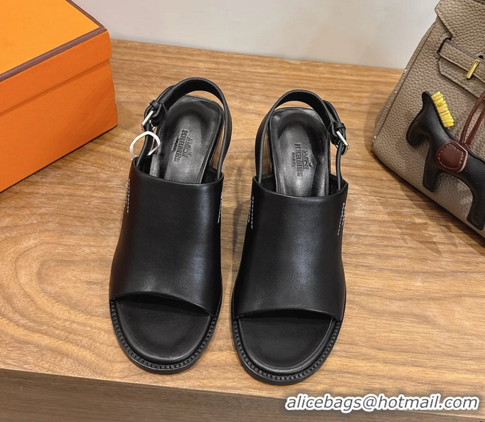 Original Cheap Hermes Mailys High Heeled Slingback Mule Sandals Black Calfskin Leather 6060302