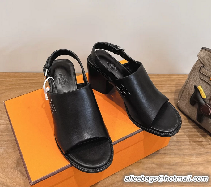 Original Cheap Hermes Mailys High Heeled Slingback Mule Sandals Black Calfskin Leather 6060302