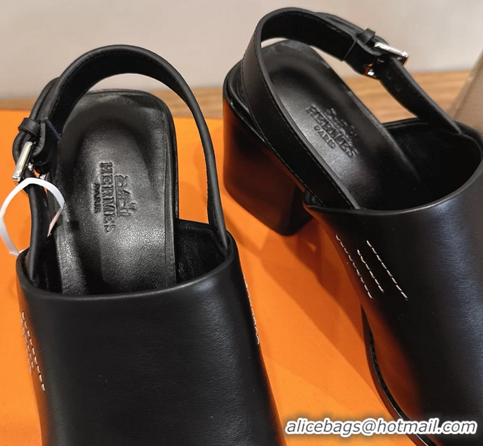 Original Cheap Hermes Mailys High Heeled Slingback Mule Sandals Black Calfskin Leather 6060302