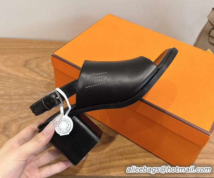 Original Cheap Hermes Mailys High Heeled Slingback Mule Sandals Black Calfskin Leather 6060302
