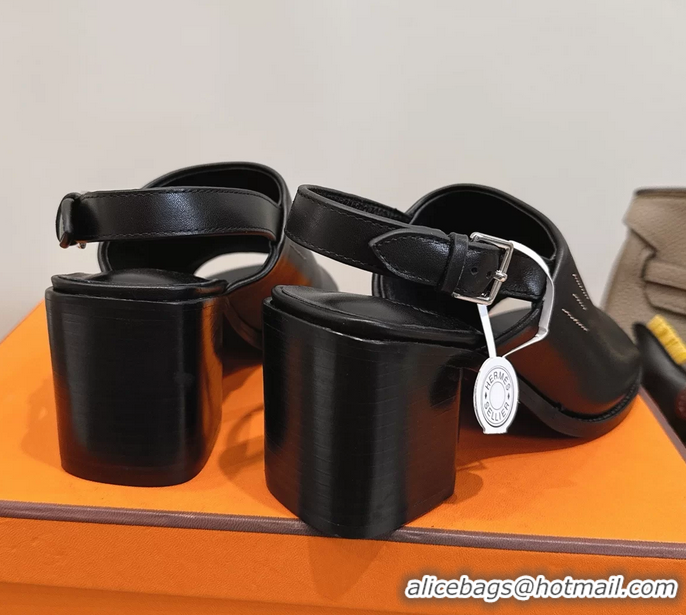 Original Cheap Hermes Mailys High Heeled Slingback Mule Sandals Black Calfskin Leather 6060302
