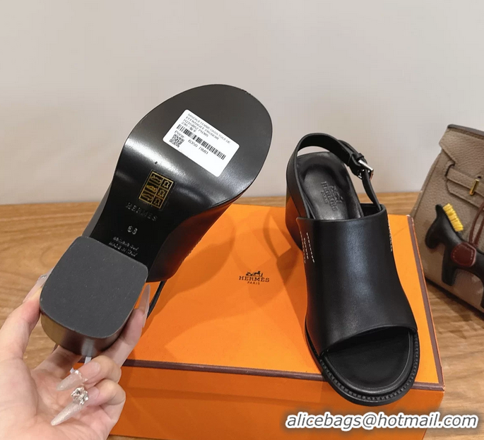 Original Cheap Hermes Mailys High Heeled Slingback Mule Sandals Black Calfskin Leather 6060302
