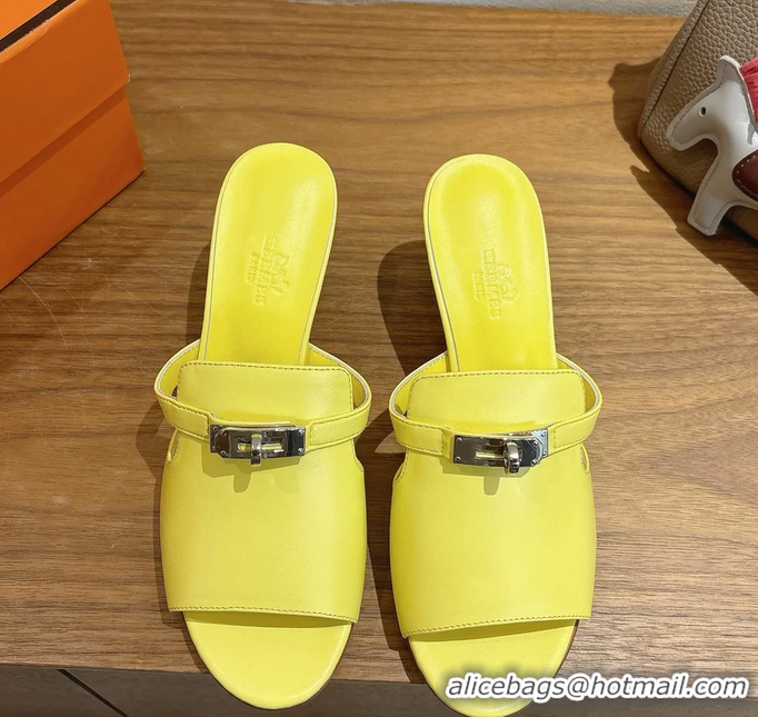 Buy Fashionable Hermes Cute Kelly Buckle High Heeled Sandals Yellow Calfskin Leather 6060303