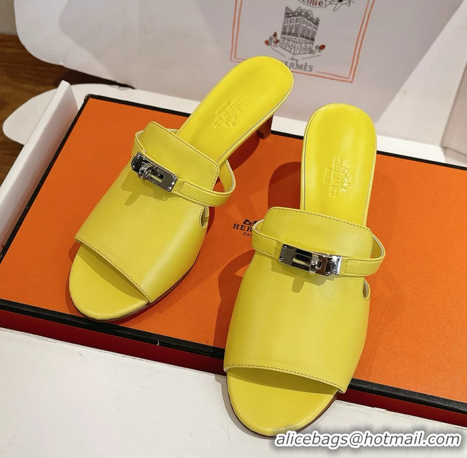 Buy Fashionable Hermes Cute Kelly Buckle High Heeled Sandals Yellow Calfskin Leather 6060303