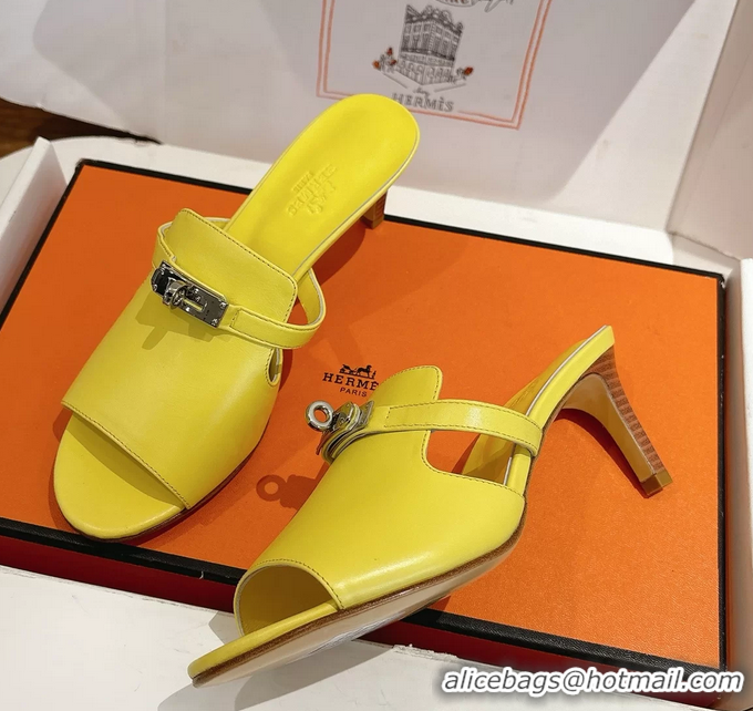 Buy Fashionable Hermes Cute Kelly Buckle High Heeled Sandals Yellow Calfskin Leather 6060303