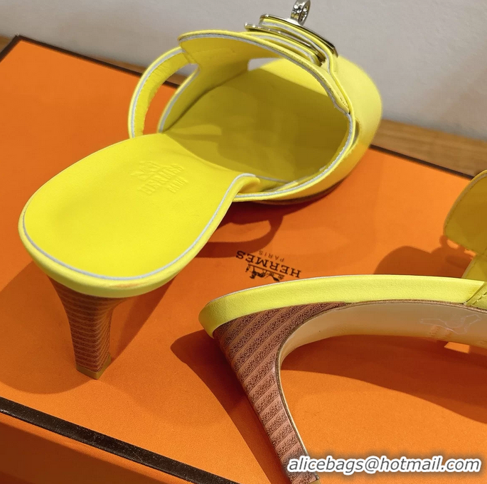 Buy Fashionable Hermes Cute Kelly Buckle High Heeled Sandals Yellow Calfskin Leather 6060303