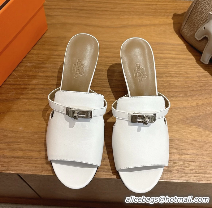 Famous Hermes Cute Kelly Buckle High Heeled Sandals White Calfskin Leather 6060303