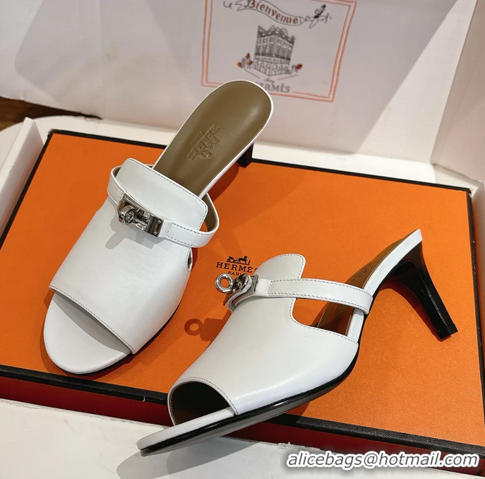 Famous Hermes Cute Kelly Buckle High Heeled Sandals White Calfskin Leather 6060303