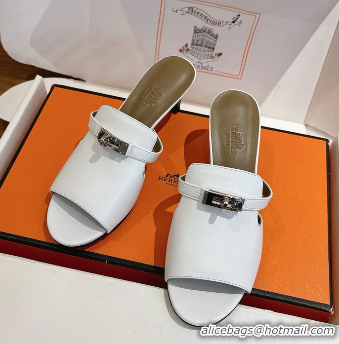 Famous Hermes Cute Kelly Buckle High Heeled Sandals White Calfskin Leather 6060303