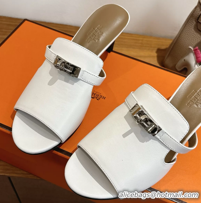 Famous Hermes Cute Kelly Buckle High Heeled Sandals White Calfskin Leather 6060303