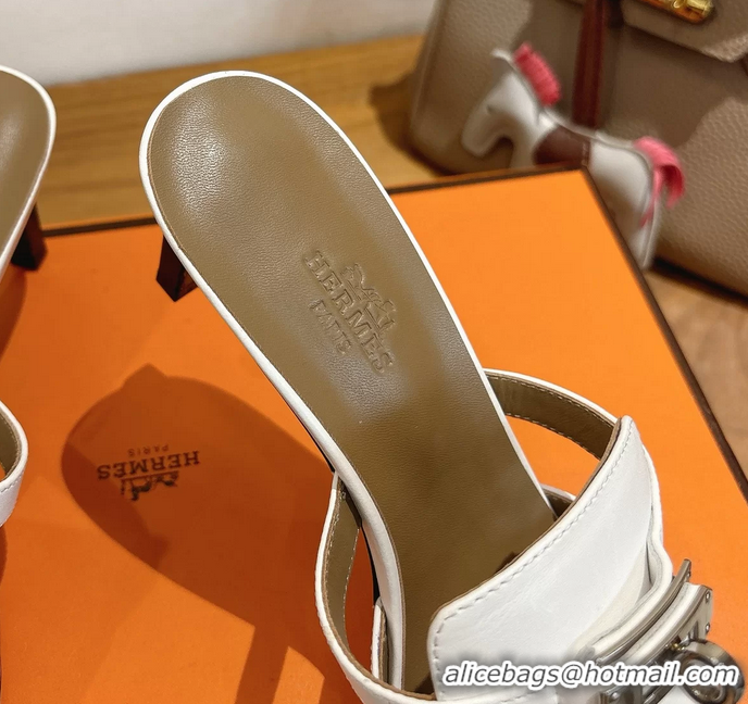 Famous Hermes Cute Kelly Buckle High Heeled Sandals White Calfskin Leather 6060303
