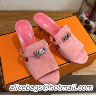 Discount Fashion Hermes Cute Kelly Buckle High Heeled Sandals Pink Suede Leather 6060303