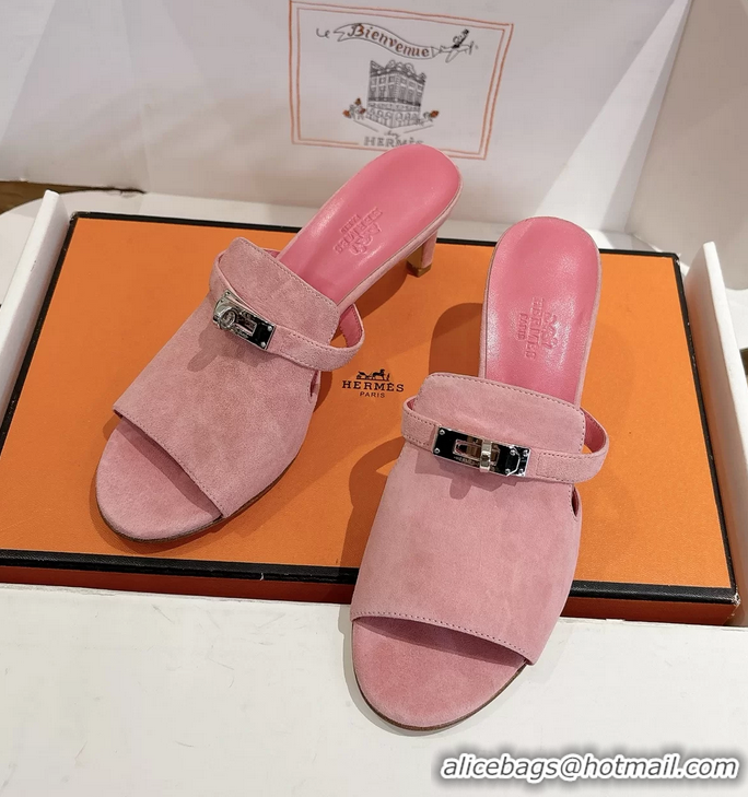 Discount Fashion Hermes Cute Kelly Buckle High Heeled Sandals Pink Suede Leather 6060303