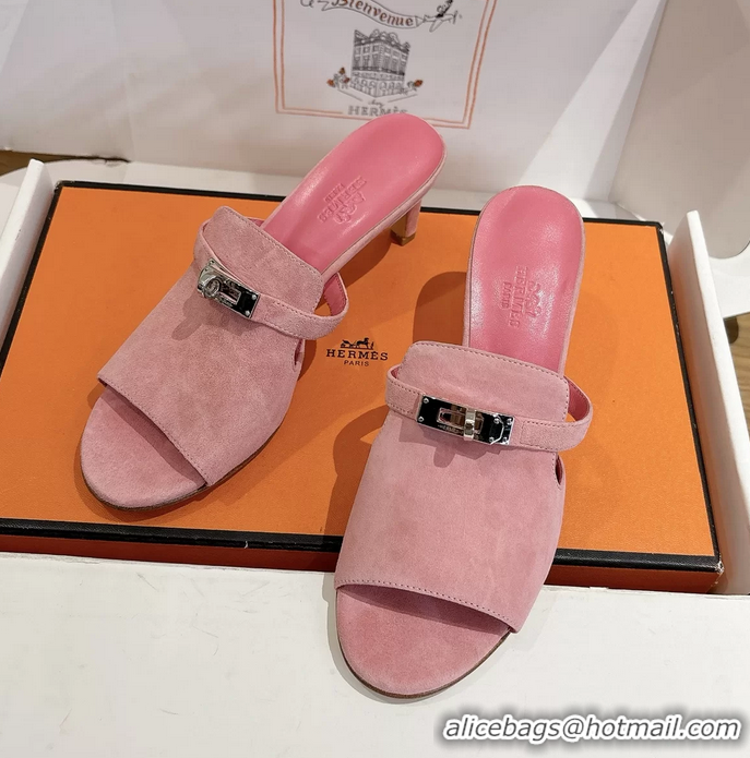 Discount Fashion Hermes Cute Kelly Buckle High Heeled Sandals Pink Suede Leather 6060303