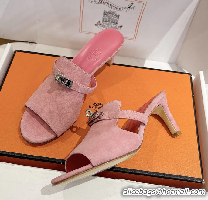 Discount Fashion Hermes Cute Kelly Buckle High Heeled Sandals Pink Suede Leather 6060303