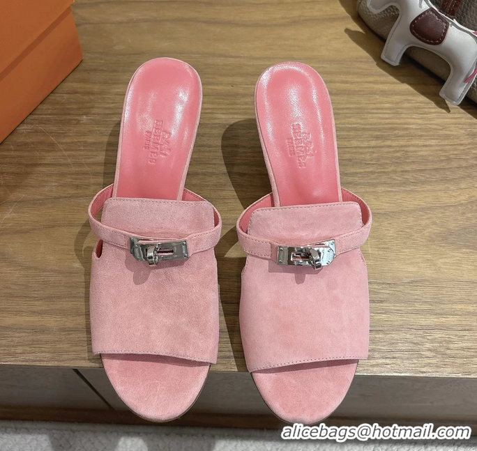 Discount Fashion Hermes Cute Kelly Buckle High Heeled Sandals Pink Suede Leather 6060303