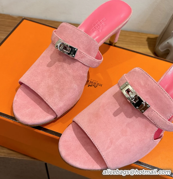 Discount Fashion Hermes Cute Kelly Buckle High Heeled Sandals Pink Suede Leather 6060303