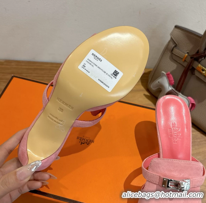 Discount Fashion Hermes Cute Kelly Buckle High Heeled Sandals Pink Suede Leather 6060303