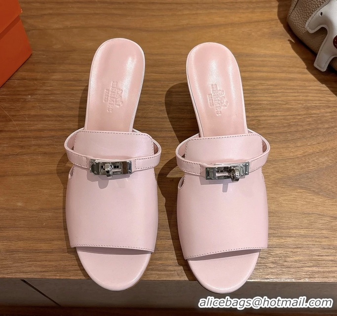 Expensive Hermes Cute Kelly Buckle High Heeled Sandals Pink Calfskin Leather 6060303