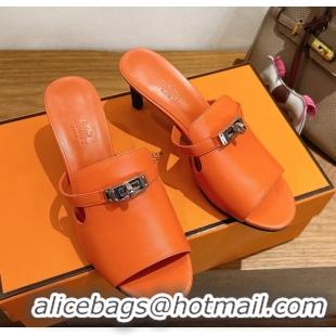 Comfortable Hermes Cute Kelly Buckle High Heeled Sandals Orange Calfskin Leather 6060303