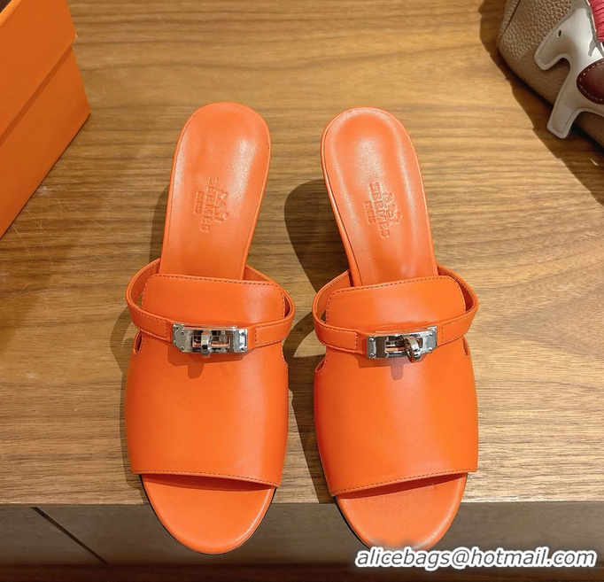Comfortable Hermes Cute Kelly Buckle High Heeled Sandals Orange Calfskin Leather 6060303