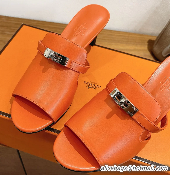 Comfortable Hermes Cute Kelly Buckle High Heeled Sandals Orange Calfskin Leather 6060303