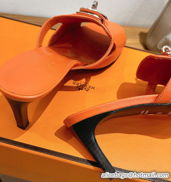 Comfortable Hermes Cute Kelly Buckle High Heeled Sandals Orange Calfskin Leather 6060303