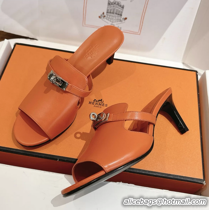 Comfortable Hermes Cute Kelly Buckle High Heeled Sandals Orange Calfskin Leather 6060303