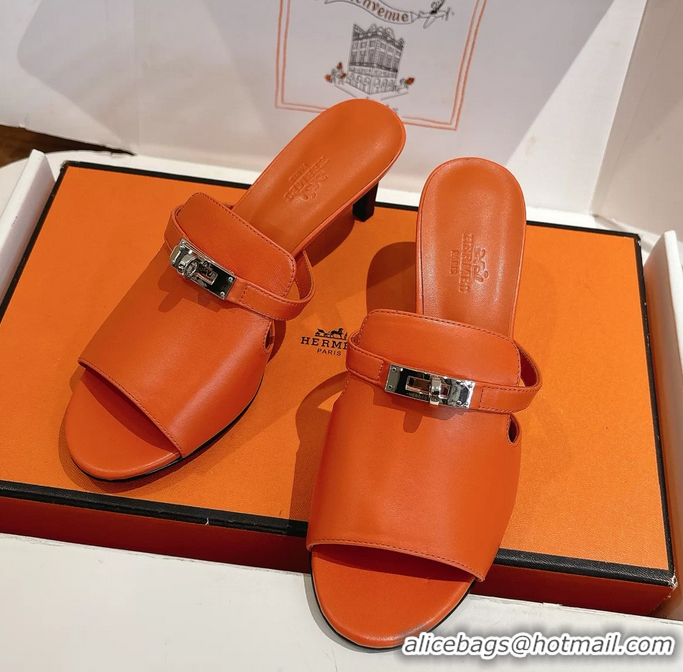 Comfortable Hermes Cute Kelly Buckle High Heeled Sandals Orange Calfskin Leather 6060303