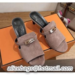 Low Price Hermes Cute Kelly Buckle High Heeled Sandals Nude Suede Leather 6060303