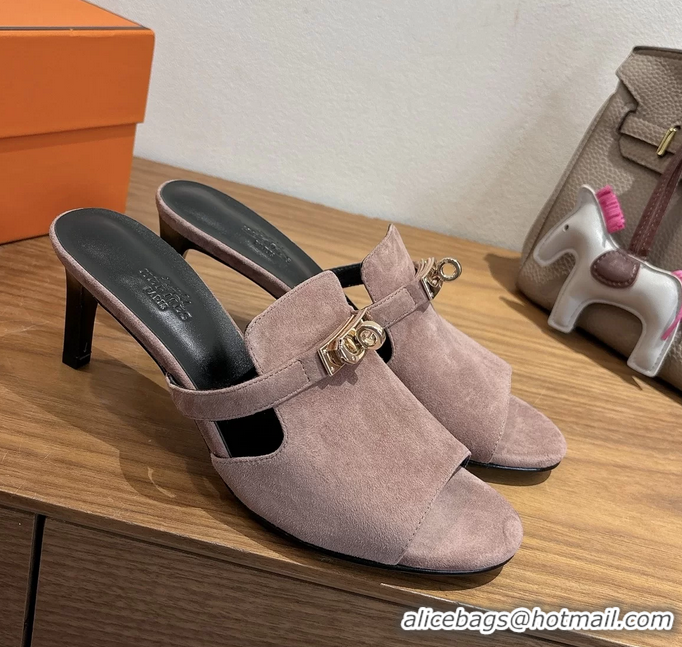 Low Price Hermes Cute Kelly Buckle High Heeled Sandals Nude Suede Leather 6060303