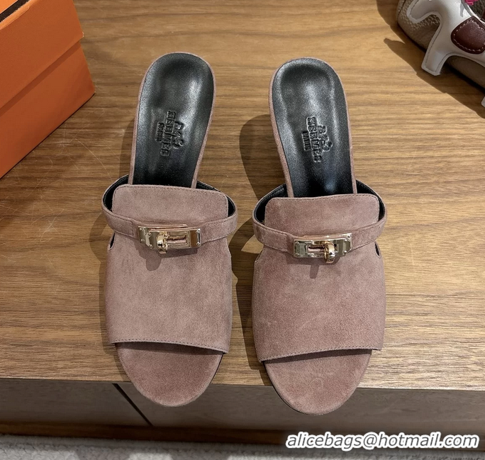 Low Price Hermes Cute Kelly Buckle High Heeled Sandals Nude Suede Leather 6060303