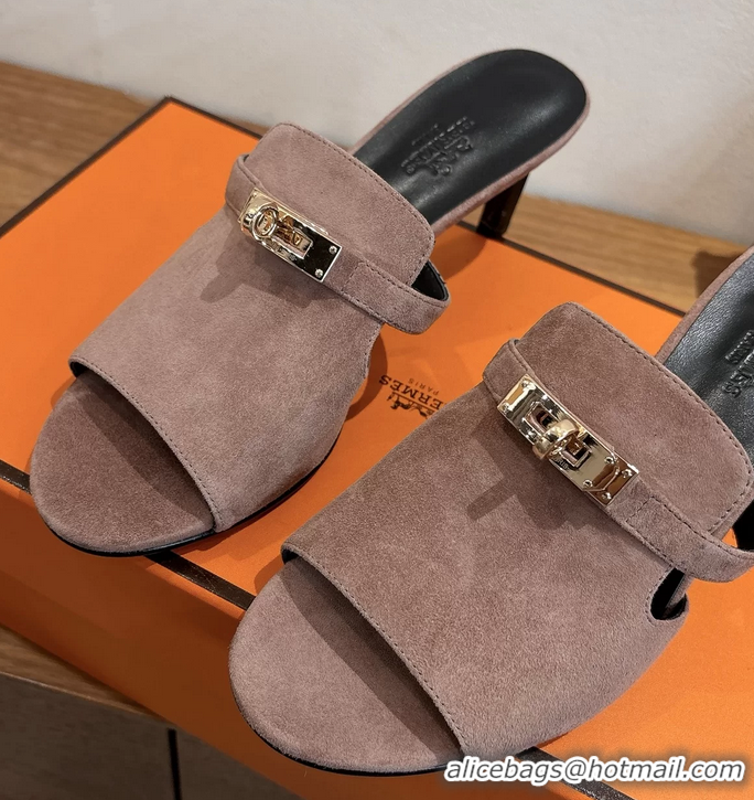 Low Price Hermes Cute Kelly Buckle High Heeled Sandals Nude Suede Leather 6060303