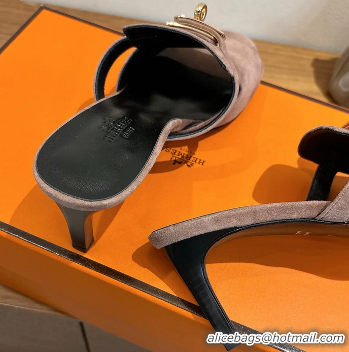 Low Price Hermes Cute Kelly Buckle High Heeled Sandals Nude Suede Leather 6060303