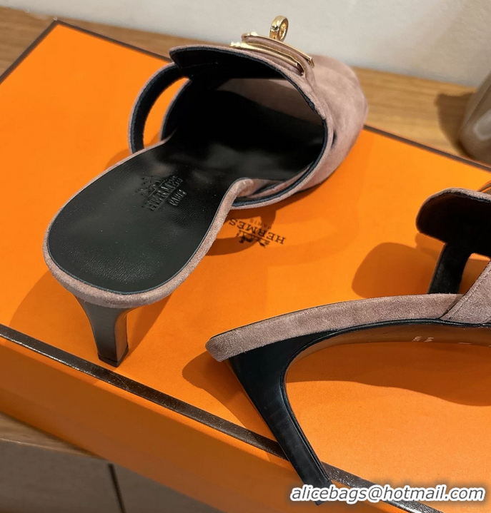 Low Price Hermes Cute Kelly Buckle High Heeled Sandals Nude Suede Leather 6060303