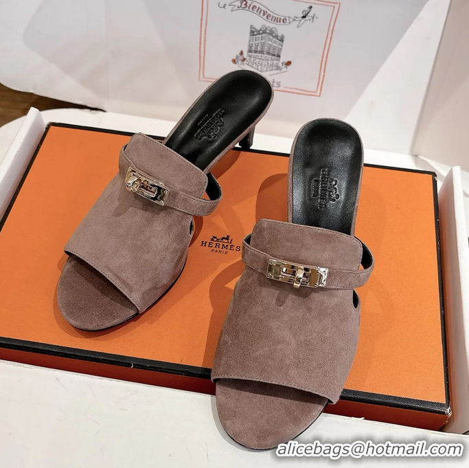 Low Price Hermes Cute Kelly Buckle High Heeled Sandals Nude Suede Leather 6060303