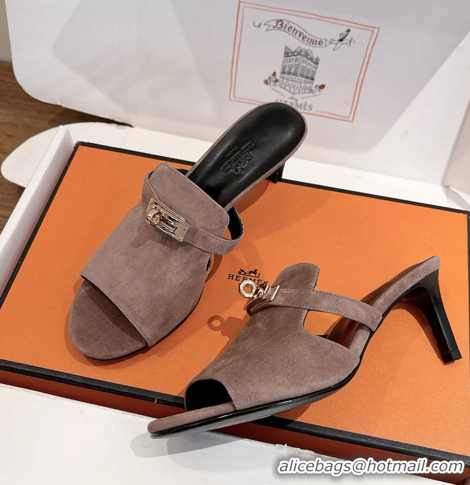 Low Price Hermes Cute Kelly Buckle High Heeled Sandals Nude Suede Leather 6060303