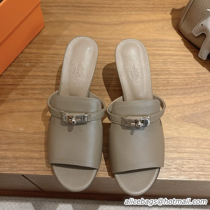 Classic Specials Hermes Cute Kelly Buckle High Heeled Sandals Gray Calfskin Leather 6060303 