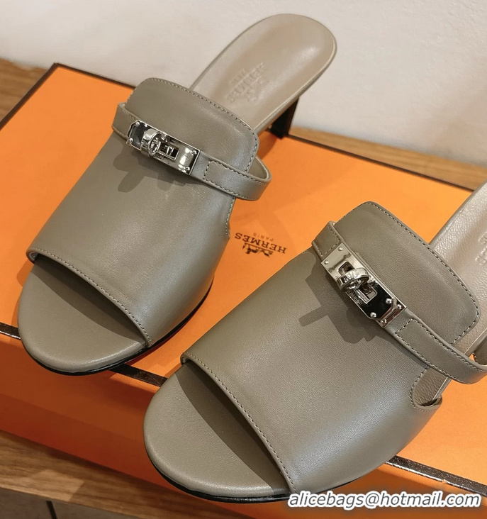 Classic Specials Hermes Cute Kelly Buckle High Heeled Sandals Gray Calfskin Leather 6060303 