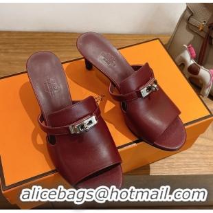 Comfortable Hermes Cute Kelly Buckle High Heeled Sandals Burgundy Calfskin Leather 6060303