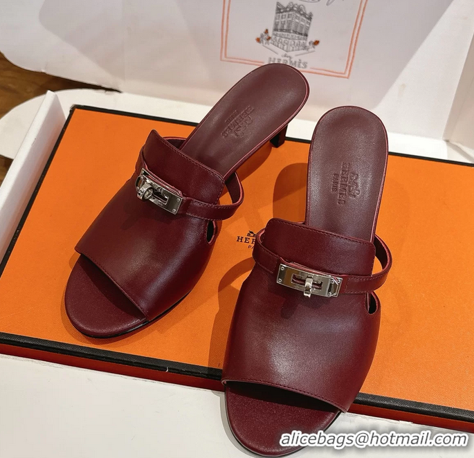 Comfortable Hermes Cute Kelly Buckle High Heeled Sandals Burgundy Calfskin Leather 6060303