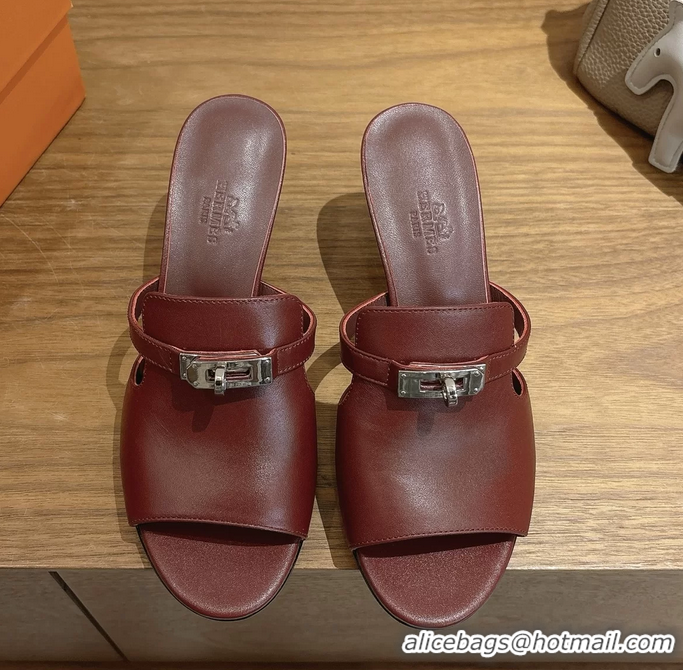 Comfortable Hermes Cute Kelly Buckle High Heeled Sandals Burgundy Calfskin Leather 6060303
