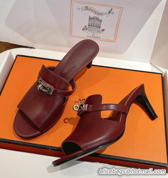 Comfortable Hermes Cute Kelly Buckle High Heeled Sandals Burgundy Calfskin Leather 6060303