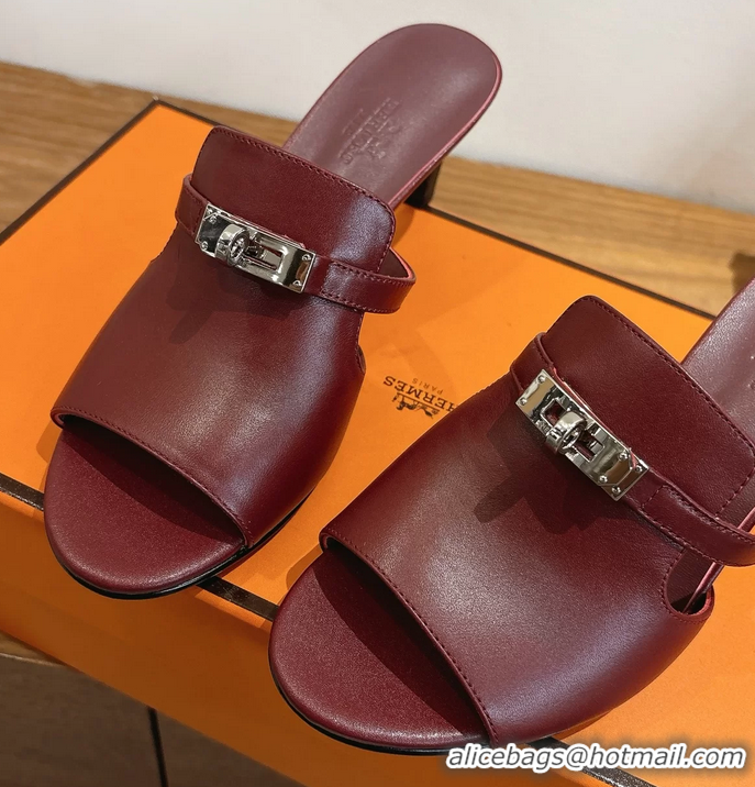 Comfortable Hermes Cute Kelly Buckle High Heeled Sandals Burgundy Calfskin Leather 6060303