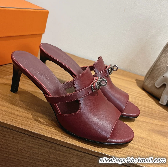 Comfortable Hermes Cute Kelly Buckle High Heeled Sandals Burgundy Calfskin Leather 6060303
